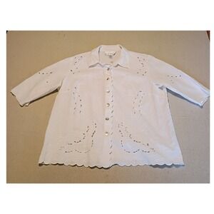 Susan Graver Style White Linen Blend Eyelet Embroidered Scalloped‎ Blouse 1X